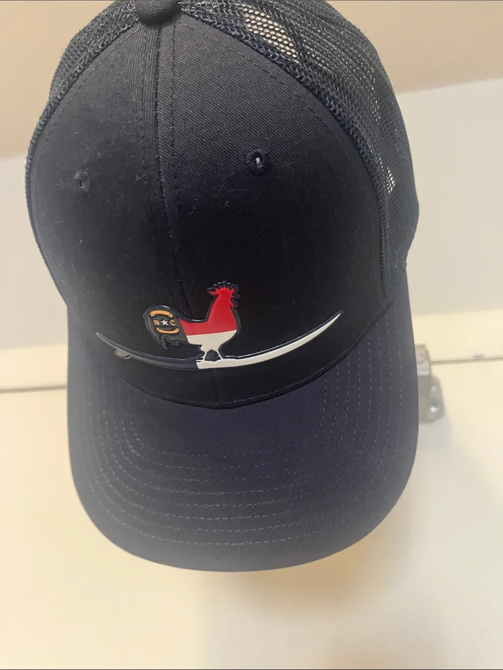Beach & Barn Men's Navy Trucker Hat with Red & White Rooster Patch